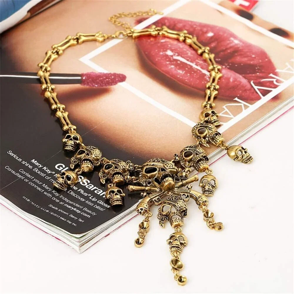 Jewelry Metal Gold Skull Necklace Earrings Set Women Halloween Party Gift